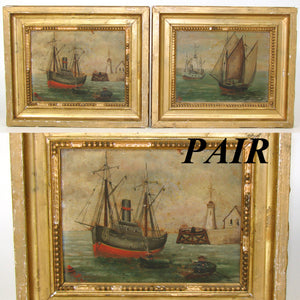 Antique French Oil Painting Pair on Wood, Maritime Theme with Boats & Lighthouse, Gilt Frames