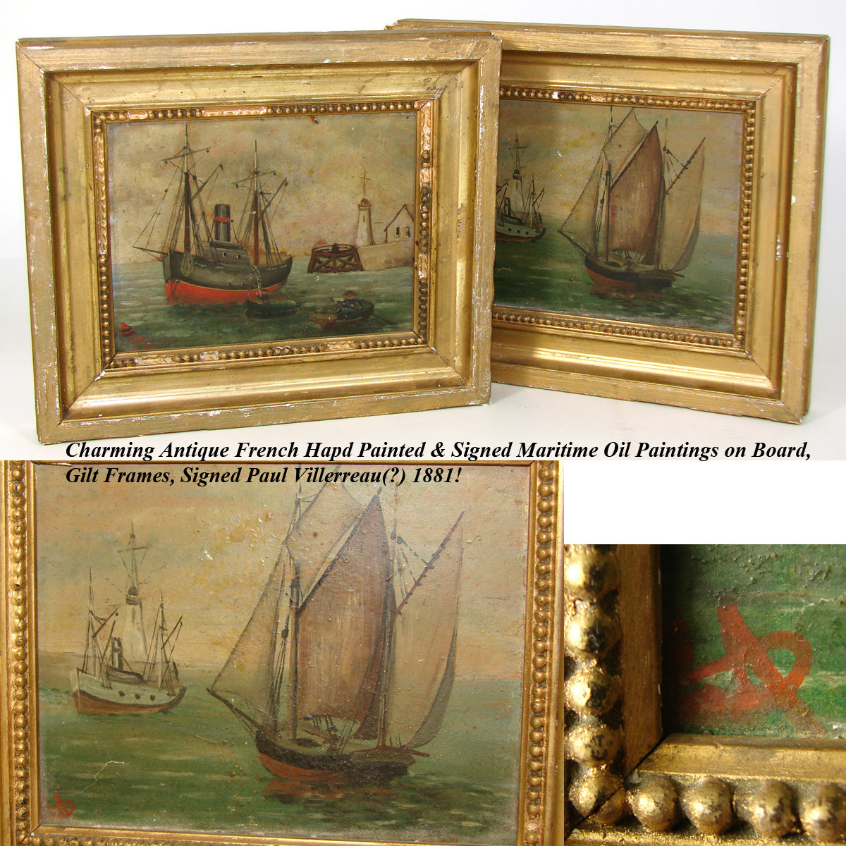 Antique French Oil Painting Pair on Wood, Maritime Theme with Boats & Lighthouse, Gilt Frames