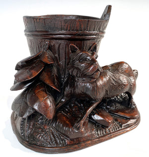 Antique Swiss Black Forest Carved Smoker's Stand, Cigar Holder or Centerpiece with Dog or Fox