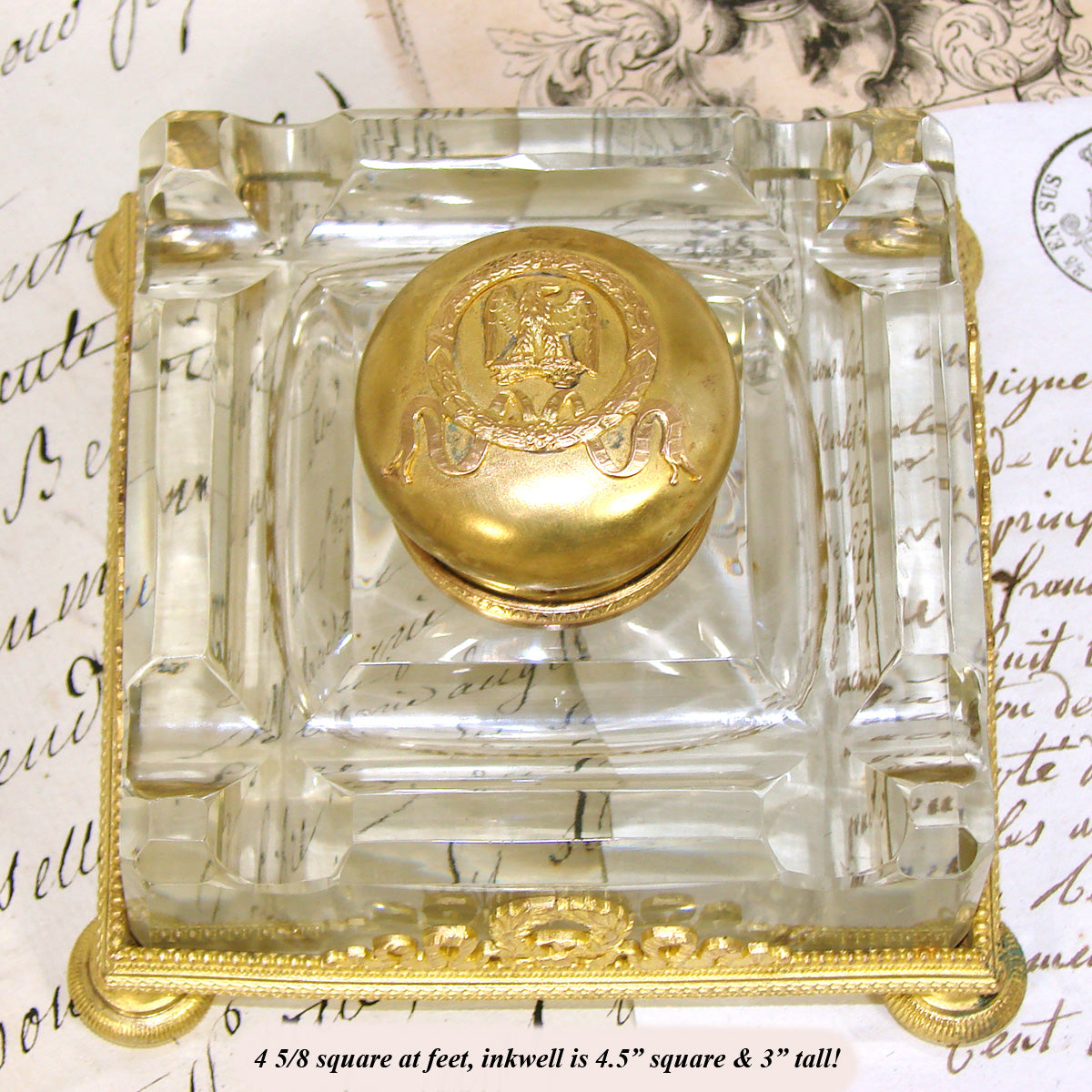 Antique French Napoleon III Empire Revival 4.5" Inkwell, Crystal & Gilt Bronze, Griffins & Eagle