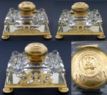 Antique French Napoleon III Empire Revival 4.5" Inkwell, Crystal & Gilt Bronze, Griffins & Eagle