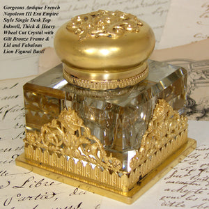 Antique French Napoleon III Empire Revival 3.75" Tall Inkwell, Gilt Bronze & Cut Crystal, Lion's Head