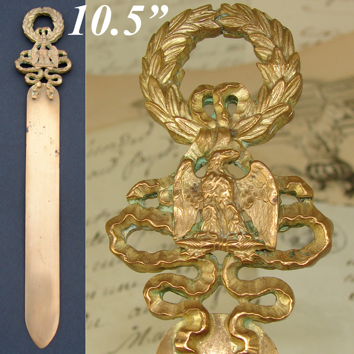 Antique French Empire Revival 10.5" Gilt Bronze Letter Opener or Page Turner, Napoleonic Eagle