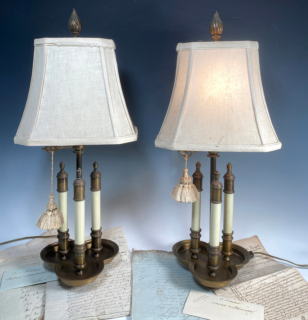 Pair of Vintage Accent Lamps 24" Tall on Tri-lobe Base with 3 Faux Candles, Shades, Keys, Tassels