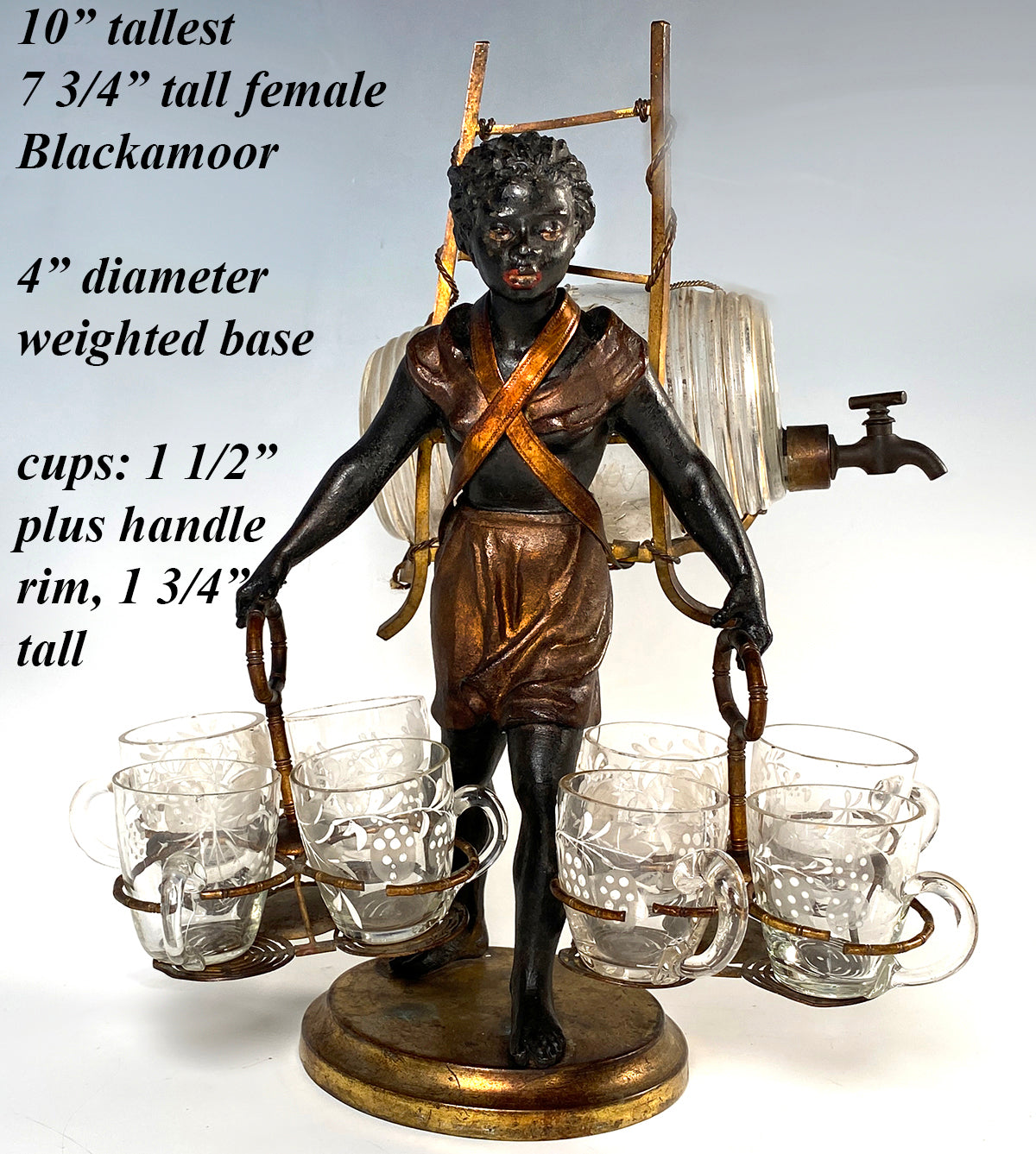 Rare Antique French Female Blackamoor Liqueur Caddy, Enamel Glass Barrel and Cups, Napoleon III