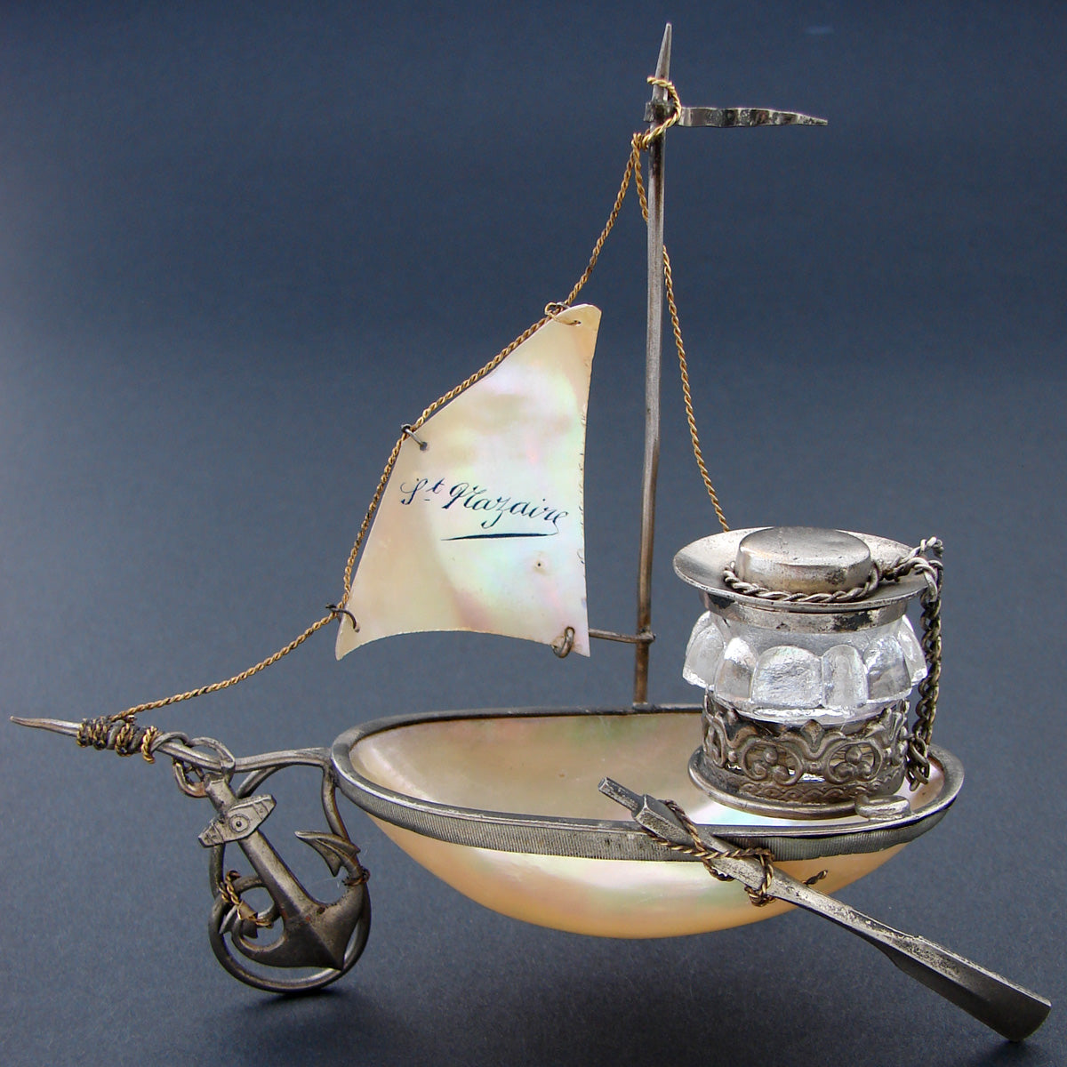 Antique French Grand Tour Style Souvenir Mother of Pearl Sailboat, Inkwell with Sailor's Hat Cap