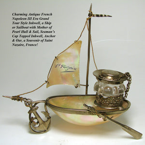 Antique French Grand Tour Style Souvenir Mother of Pearl Sailboat, Inkwell with Sailor's Hat Cap