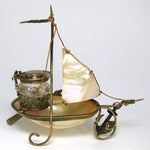 Antique French Grand Tour Style Souvenir Mother of Pearl Sailboat, Inkwell with Sailor's Hat Cap