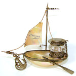 Antique French Grand Tour Style Souvenir Mother of Pearl Sailboat, Inkwell with Sailor's Hat Cap