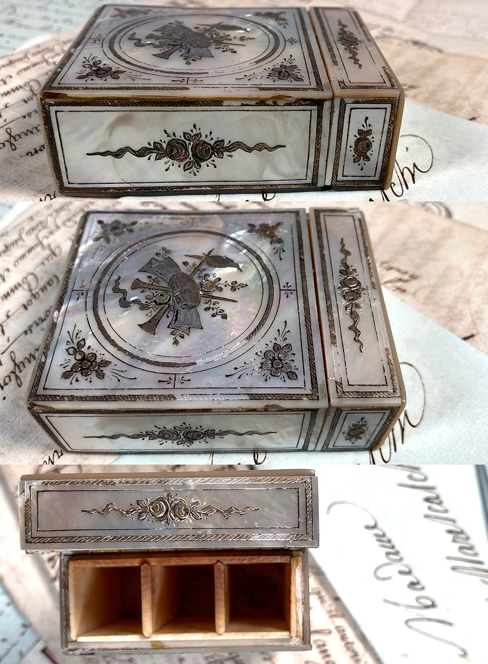 Superb 18th Century French Necessaire, Scent or Perfume Caddy in Mother of Pearl and Ivory, Inlays of Silver and Gold