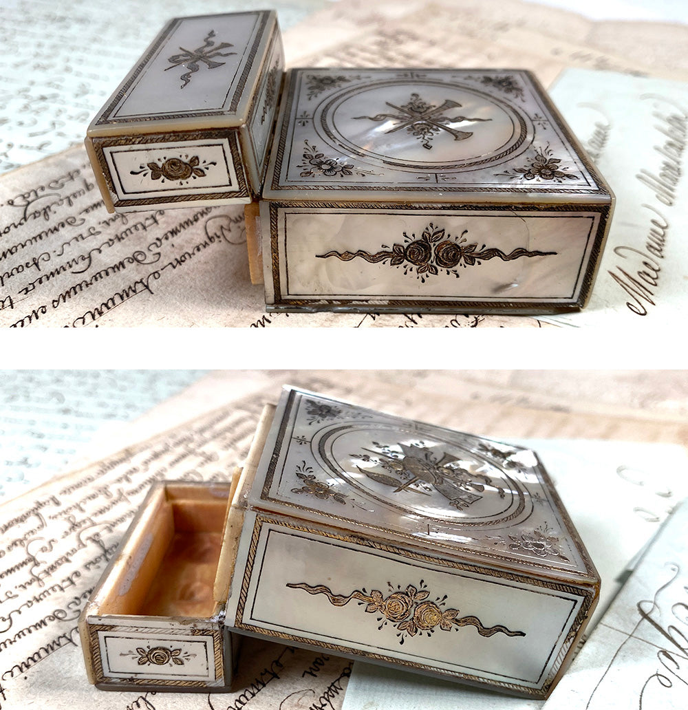 Superb 18th Century French Necessaire, Scent or Perfume Caddy in Mother of Pearl and Ivory, Inlays of Silver and Gold