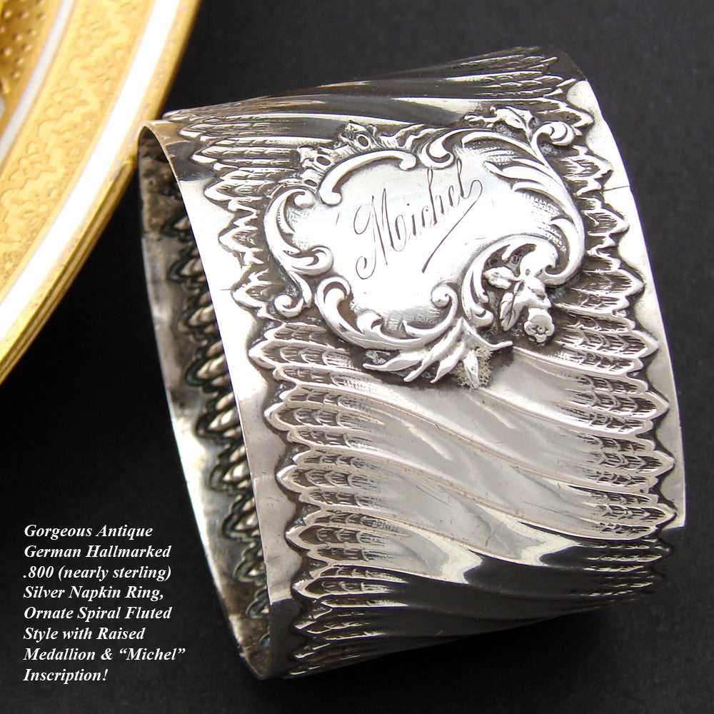 Antique Continental .800 (nearly sterling) Silver Napkin Ring, Rococo Spiral Fluted, "Michel"