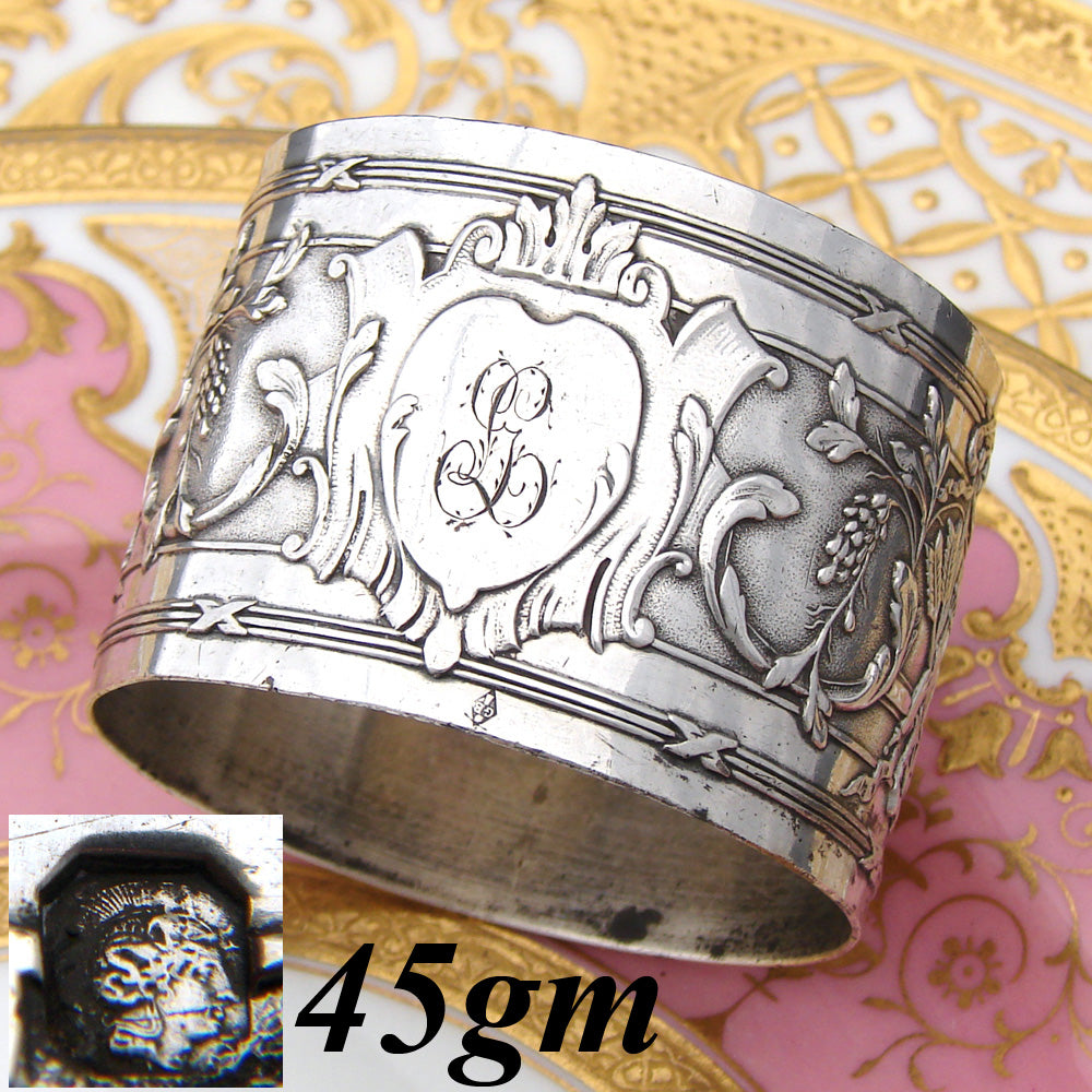 Antique French Sterling Silver Napkin Ring, Empire Style Quiver & Arrows, "LG" Monogram