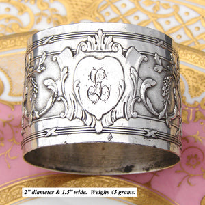 Antique French Sterling Silver Napkin Ring, Empire Style Quiver & Arrows, "LG" Monogram