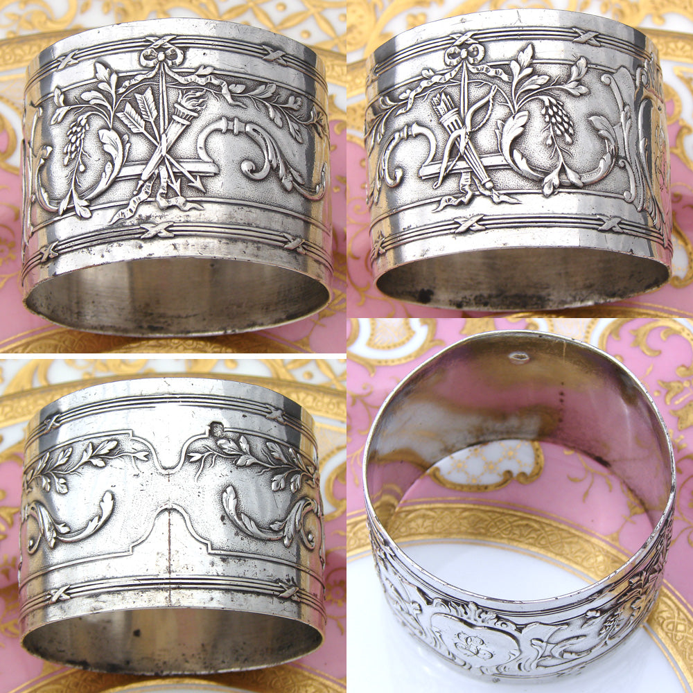 Antique French Sterling Silver Napkin Ring, Empire Style Quiver & Arrows, "LG" Monogram