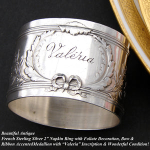 Antique French Sterling Silver 2" Napkin Ring, Foliate with Garland & "Valeria" Inscription