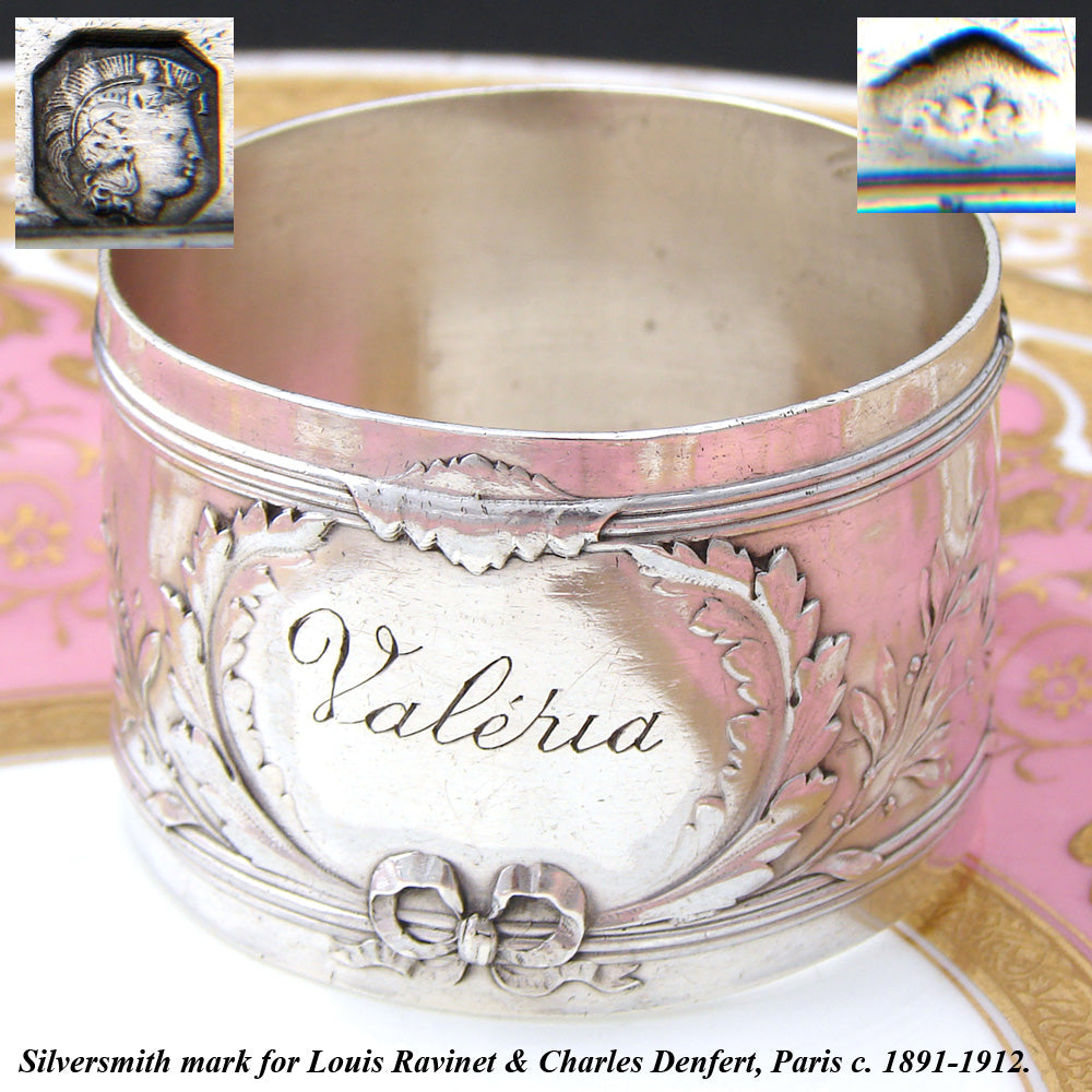 Antique French Sterling Silver 2" Napkin Ring, Foliate with Garland & "Valeria" Inscription
