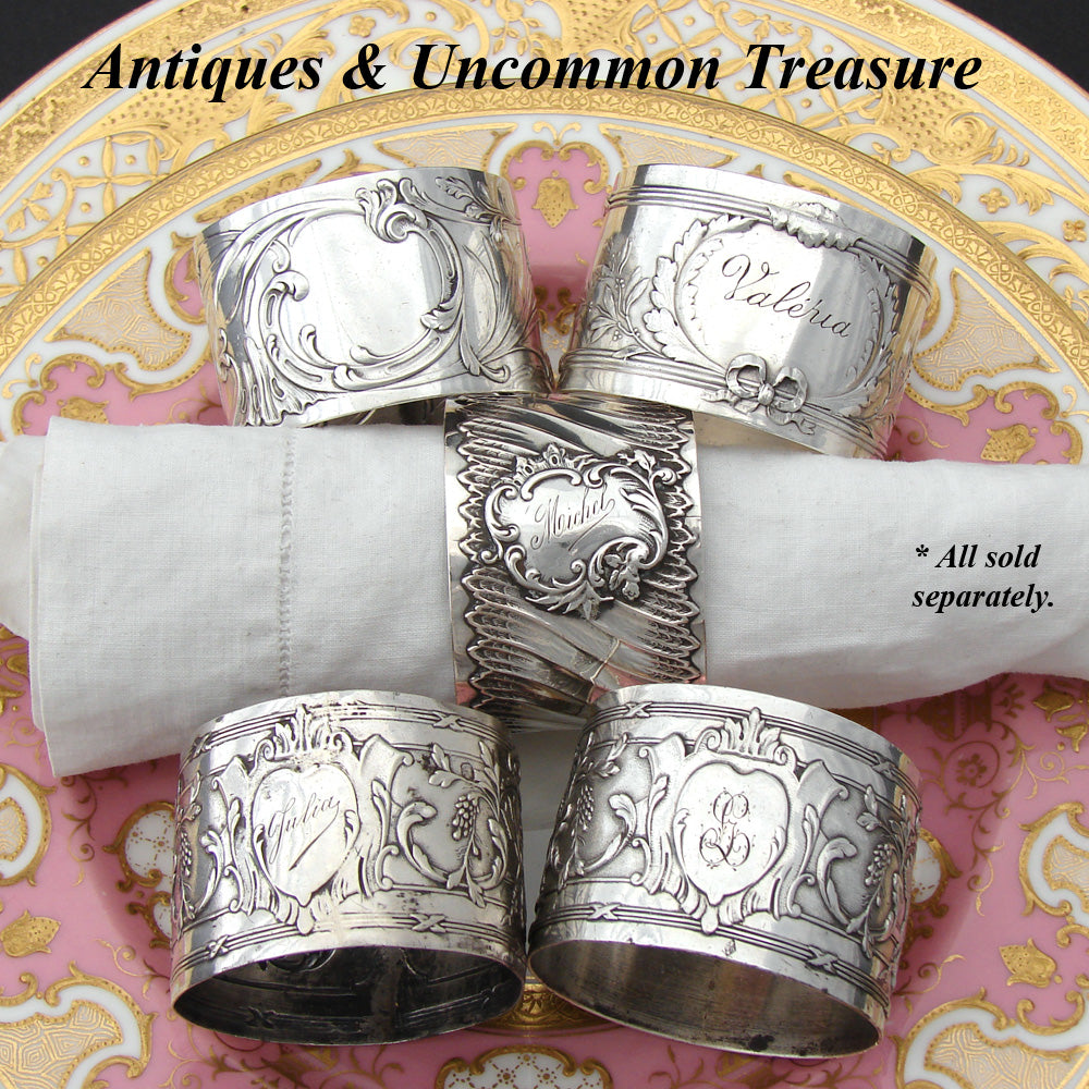 Antique French Sterling Silver Napkin Ring, Empire Style Quiver & Arrows, "Julia" Inscription