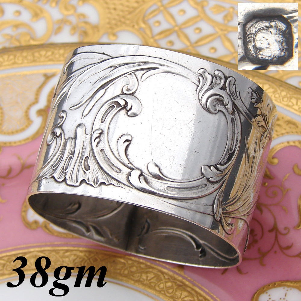 Antique French Sterling Silver 2" Napkin Ring, Rococo Pattern & Cattails, 38gm