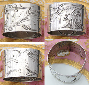 Antique French Sterling Silver 2" Napkin Ring, Rococo Pattern & Cattails, 38gm