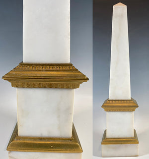 Antique to Vintage White Marble or Alabaster 20.5" Tall Odelisk, Dore Bronze Fittings, Grand Tour Type