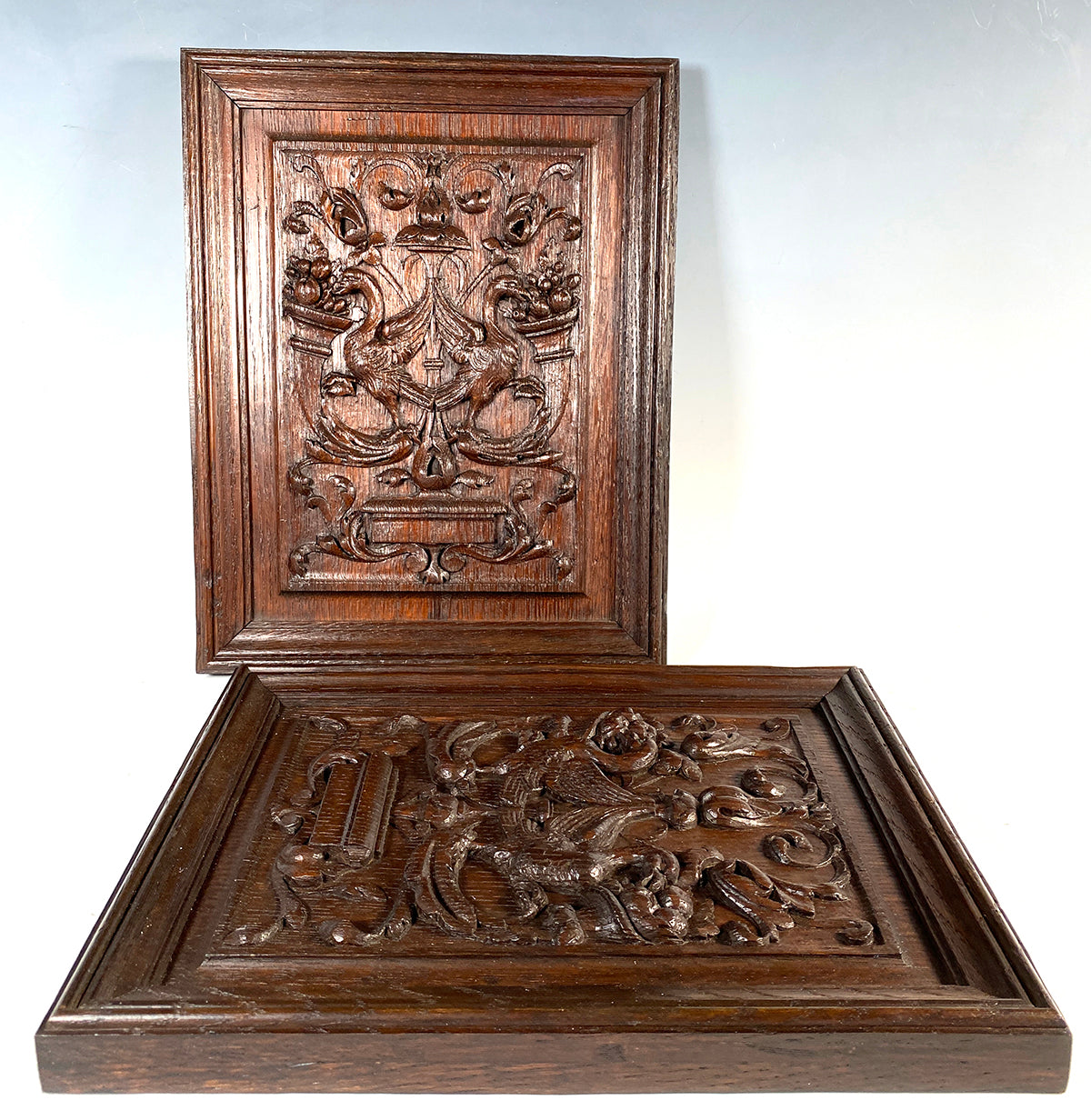 PAIR: Antique 19th Century Hand Carved Wood Neo-Renaissance Cabinet Doors, Griffen Sculpture