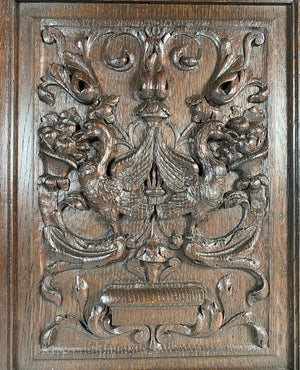 PAIR: Antique 19th Century Hand Carved Wood Neo-Renaissance Cabinet Doors, Griffen Sculpture