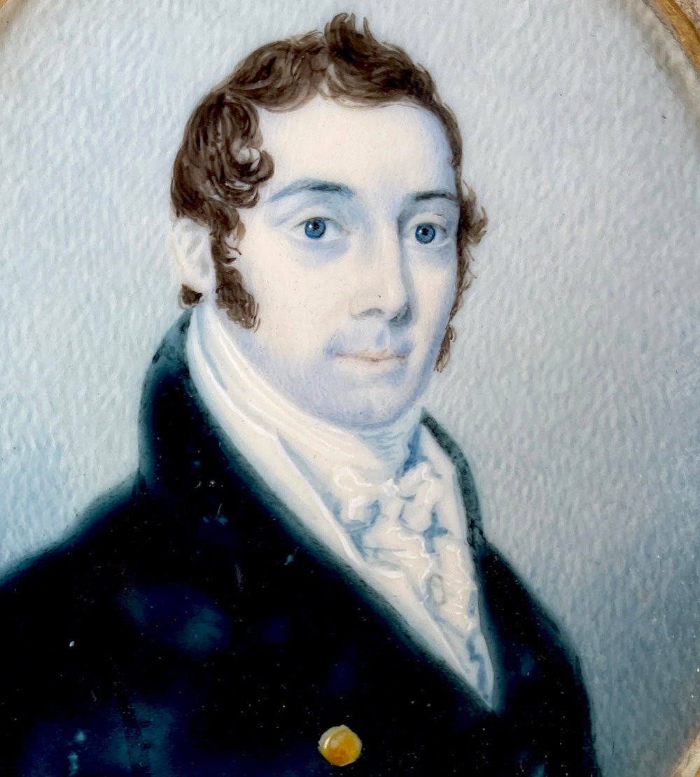 Antique French Portrait Miniature c.1820-30, Gentleman in High Collar Double-breasted Coat