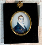 Antique French Portrait Miniature c.1820-30, Gentleman in High Collar Double-breasted Coat