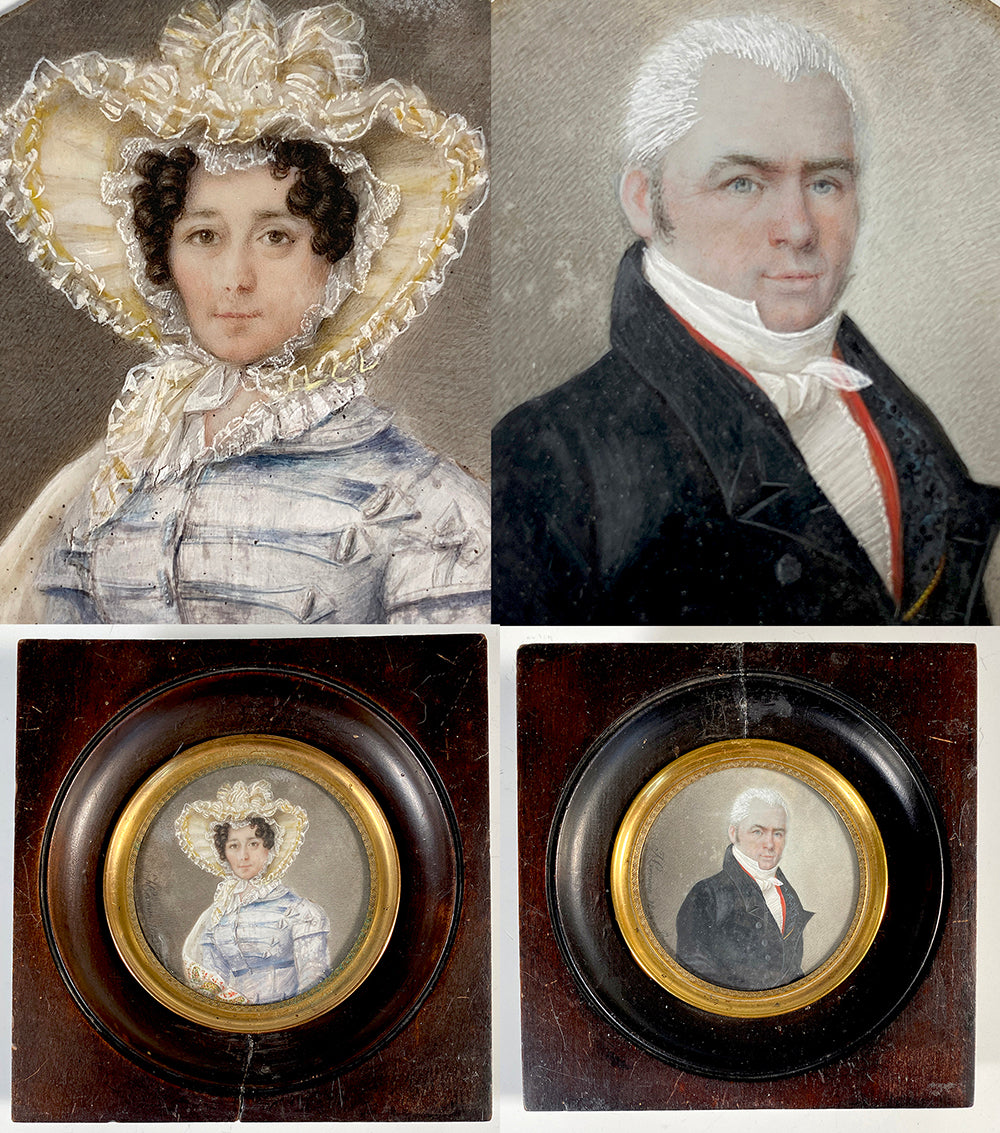 PAIR Antique c.1823 Portrait Miniatures, Man and Wife, Artist Signed "HERMANN, Brussels 1823"