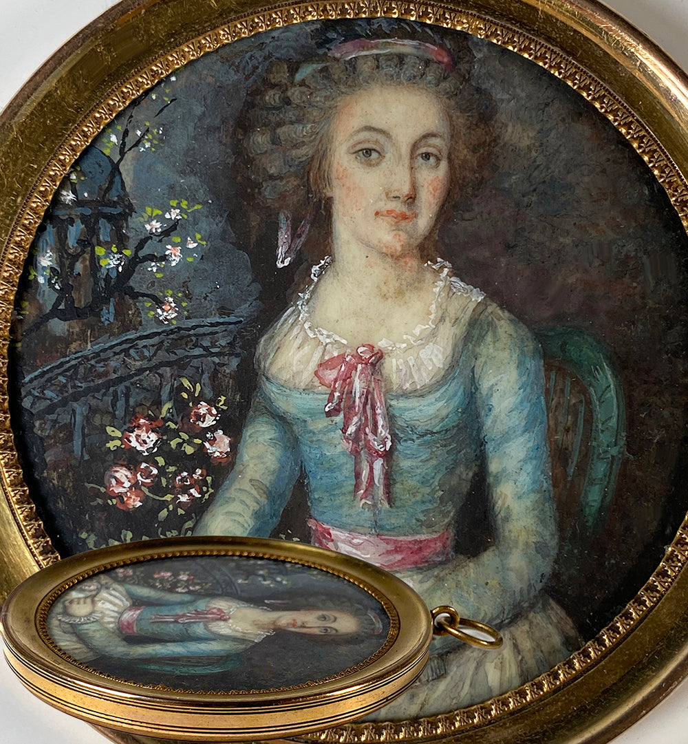 Fine Antique 18th Century French Revolution Portrait Miniature, Royalist in her Garden
