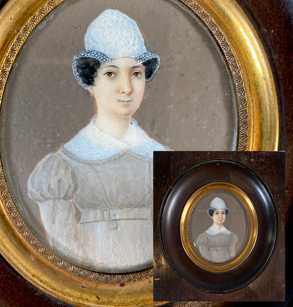 Antique French Portrait Miniature, French Empire Beauty with Unusual Lace Hat, Collar