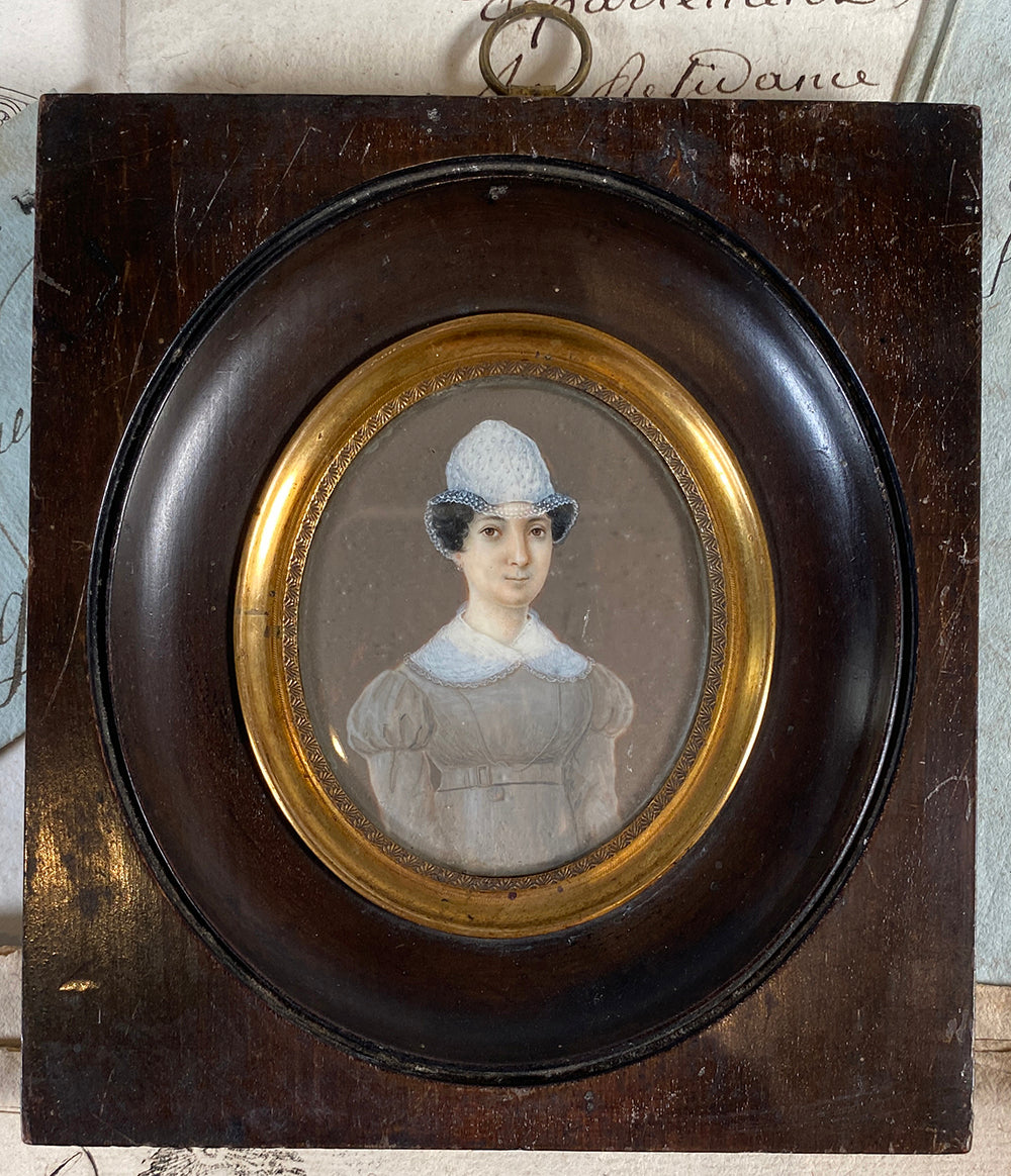 Antique French Portrait Miniature, French Empire Beauty with Unusual Lace Hat, Collar