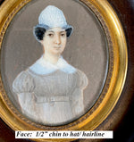 Antique French Portrait Miniature, French Empire Beauty with Unusual Lace Hat, Collar