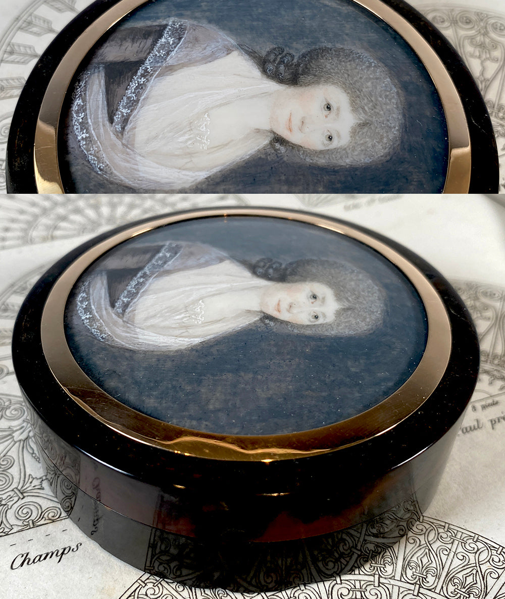 Antique 18th Century French Portrait Miniature Tortoise ShellSnuff Box, Powdered Hair, Fichu, 18k Gold Mount