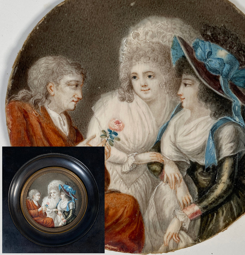 Antique French 18th Century Group Portrait Miniature, 3 People of Louis XVI Era, Royalist