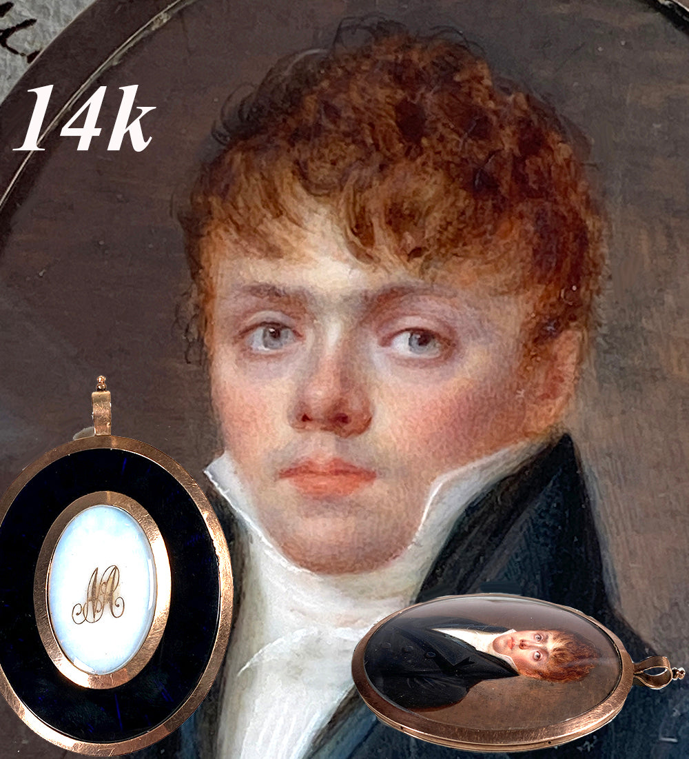 Rare 14k Gold Locket-like Oyster Frame, Pendant, Portrait Miniature of a Gorgeous Blue-eyed Young Boy