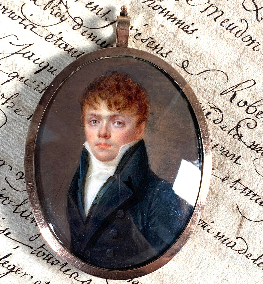 Rare 14k Gold Locket-like Oyster Frame, Pendant, Portrait Miniature of a Gorgeous Blue-eyed Young Boy