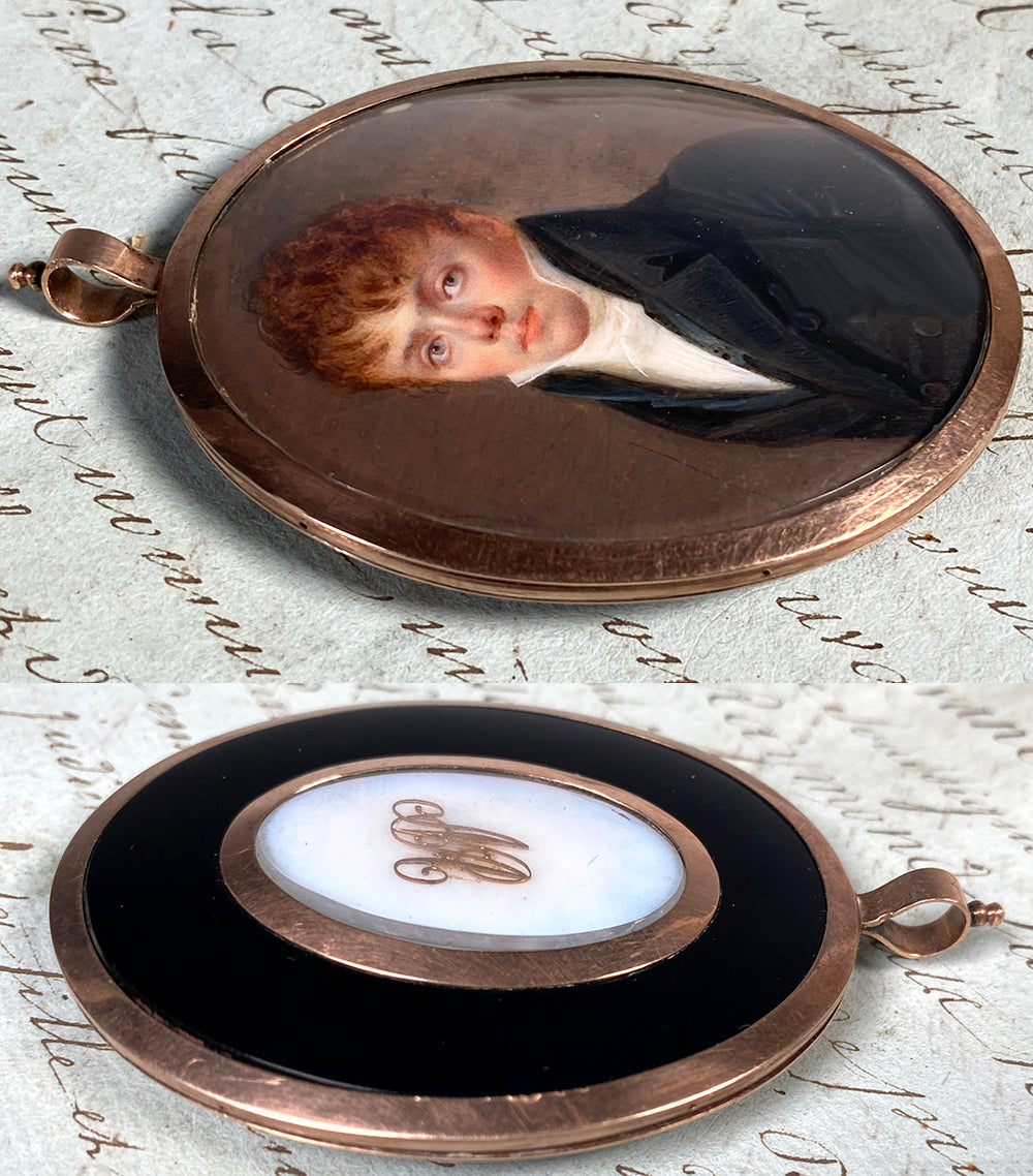 Rare 14k Gold Locket-like Oyster Frame, Pendant, Portrait Miniature of a Gorgeous Blue-eyed Young Boy