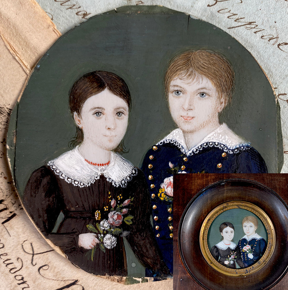 Antique French Portrait Miniature of 2 Children, Blond Boy and Brunette Girl, Flowers and Red Coral Necklace