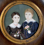 Antique French Portrait Miniature of 2 Children, Blond Boy and Brunette Girl, Flowers and Red Coral Necklace