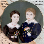 Antique French Portrait Miniature of 2 Children, Blond Boy and Brunette Girl, Flowers and Red Coral Necklace