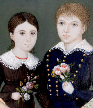 Antique French Portrait Miniature of 2 Children, Blond Boy and Brunette Girl, Flowers and Red Coral Necklace