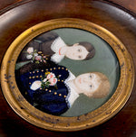 Antique French Portrait Miniature of 2 Children, Blond Boy and Brunette Girl, Flowers and Red Coral Necklace