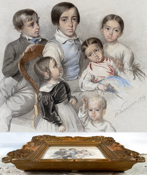 Rare c.1843 Masterpiece Portrait Miniature, 6 Children in Frame, by Well-listed Artist, Museum Collections