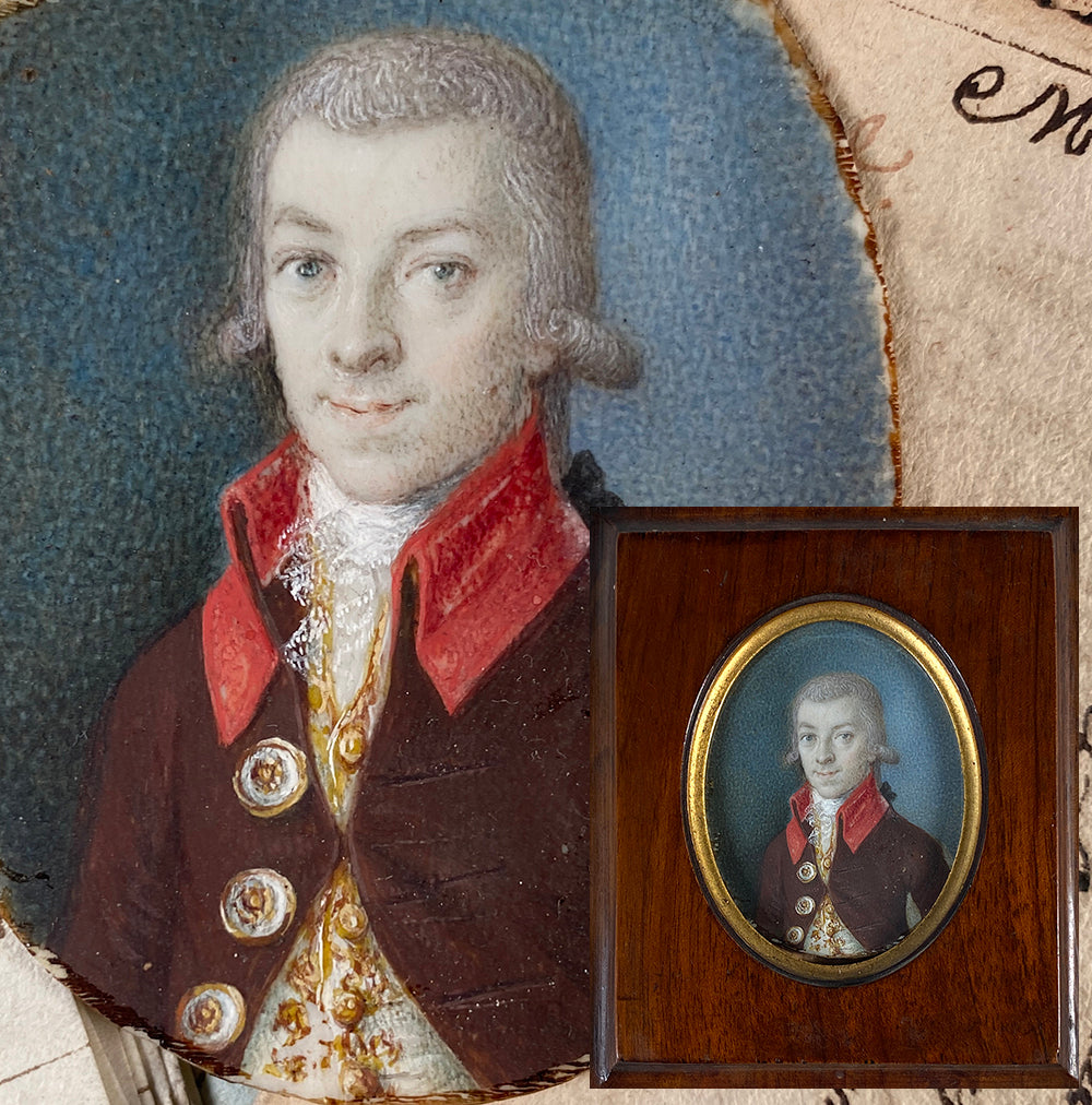 Elegant Costumed 18th Century Prussian Portrait Miniature in Frame, Embroidered Vest, Huge Buttons