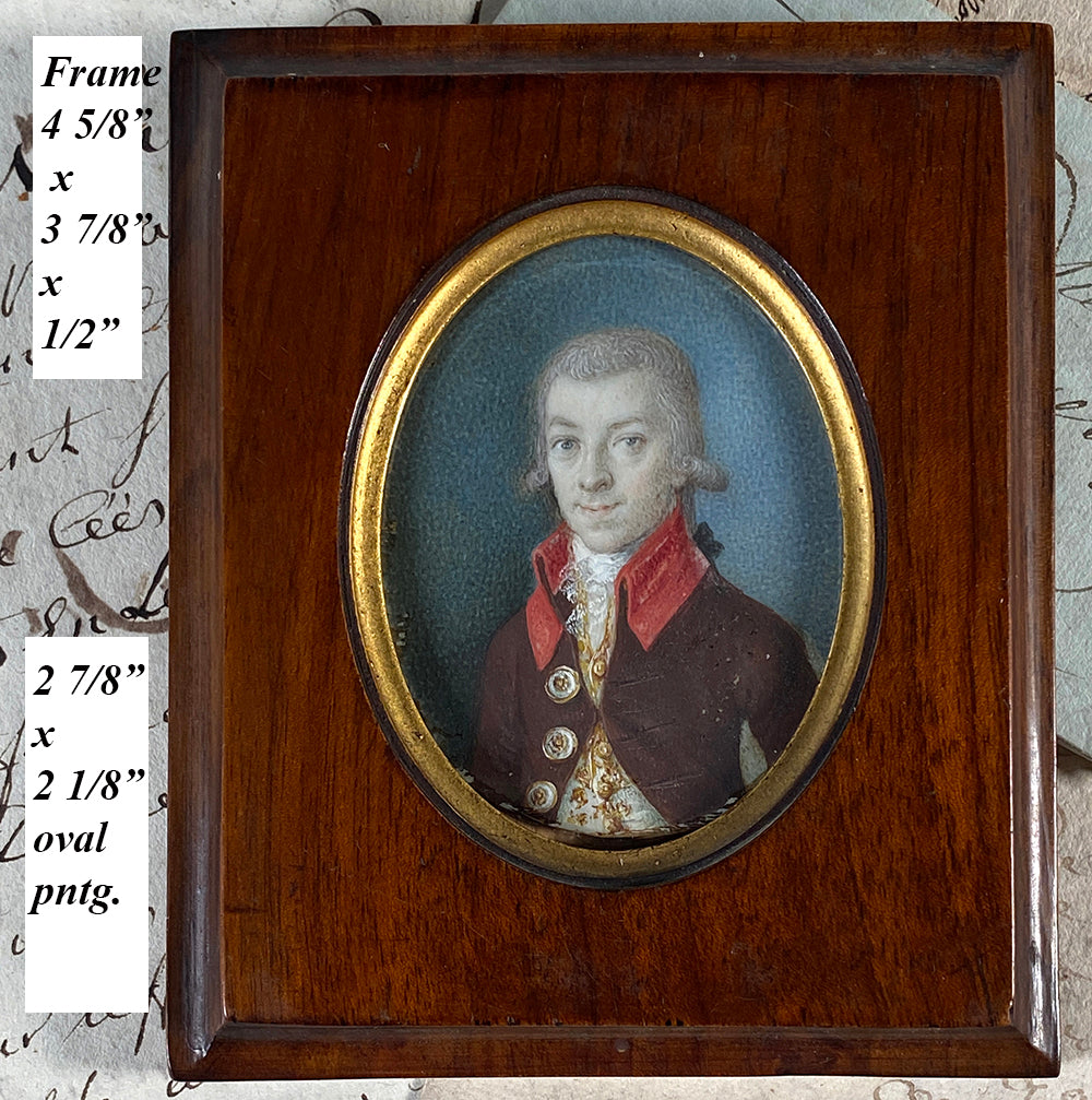 Elegant Costumed 18th Century Prussian Portrait Miniature in Frame, Embroidered Vest, Huge Buttons