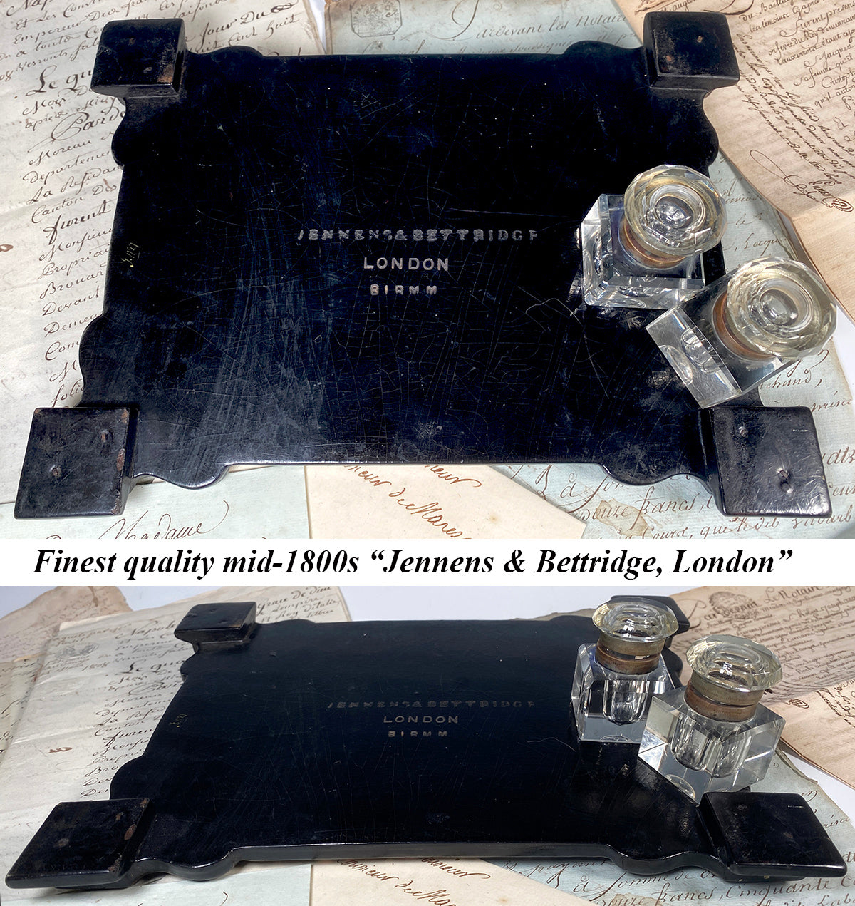 Antique Victorian Era English Papier Mache Double Inkwell, Desk Stand Jennens & Bettridge, London