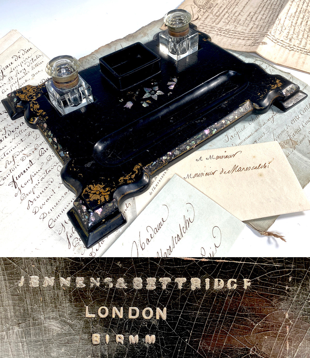 Antique Victorian Era English Papier Mache Double Inkwell, Desk Stand Jennens & Bettridge, London