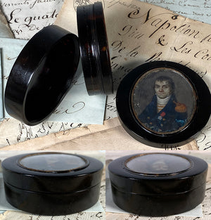 RARE Antique French Double Portrait Miniature Tortoise Shell Snuff Box, Hidden c.1768 Painting, Military